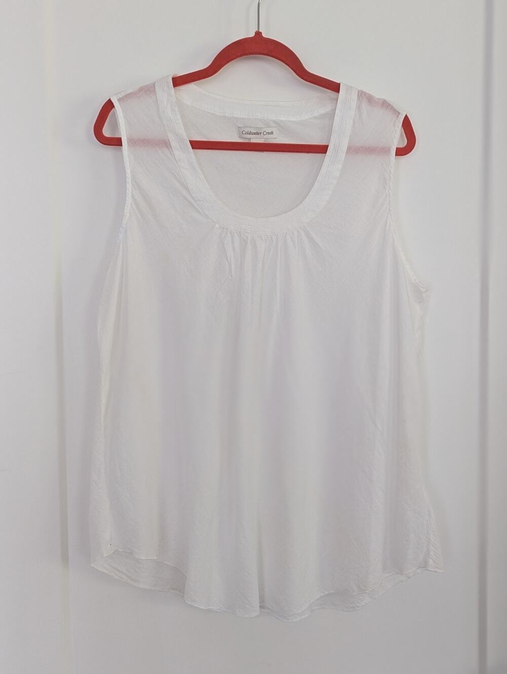 Coldwater Creek White Cotton Sleeveless Blouse Top XL 18 Pleated Neck Beachy